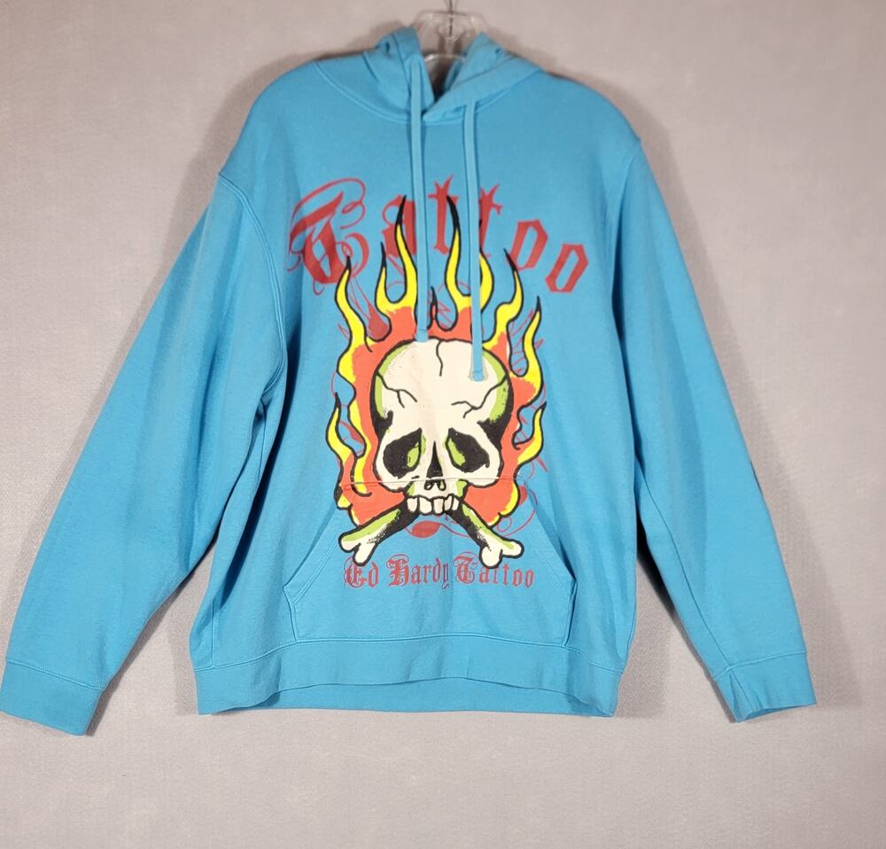 Ed Hardy Mens Flame Skull Tattoo Pullover Hoodie Size Large Jewel Light Blue